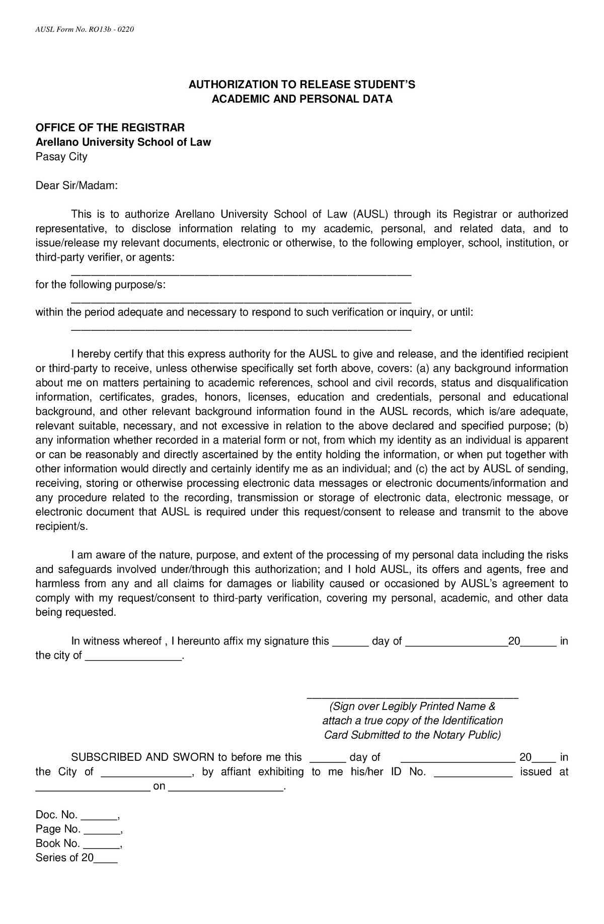 RO13b - Authorization To Release Student’s Academic And Personal Data ...