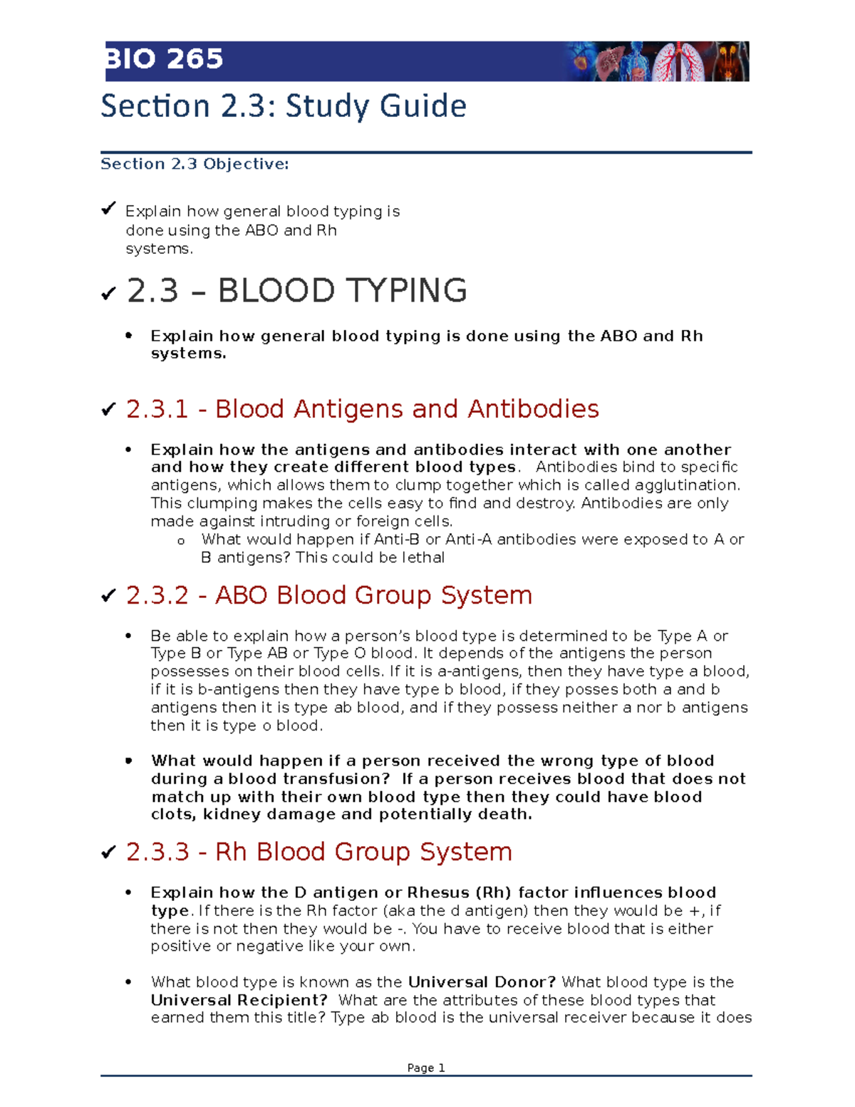 2.3 Study Guide - BIO 265 Section 2: Study Guide Section 2 Objective ...