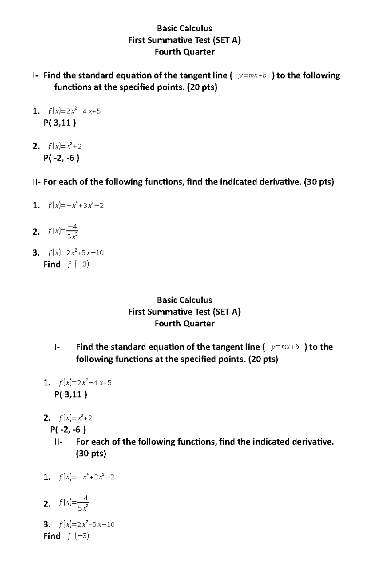 SET A-first - Math Exercises - Basic Calculus First Summative Test (SET ...