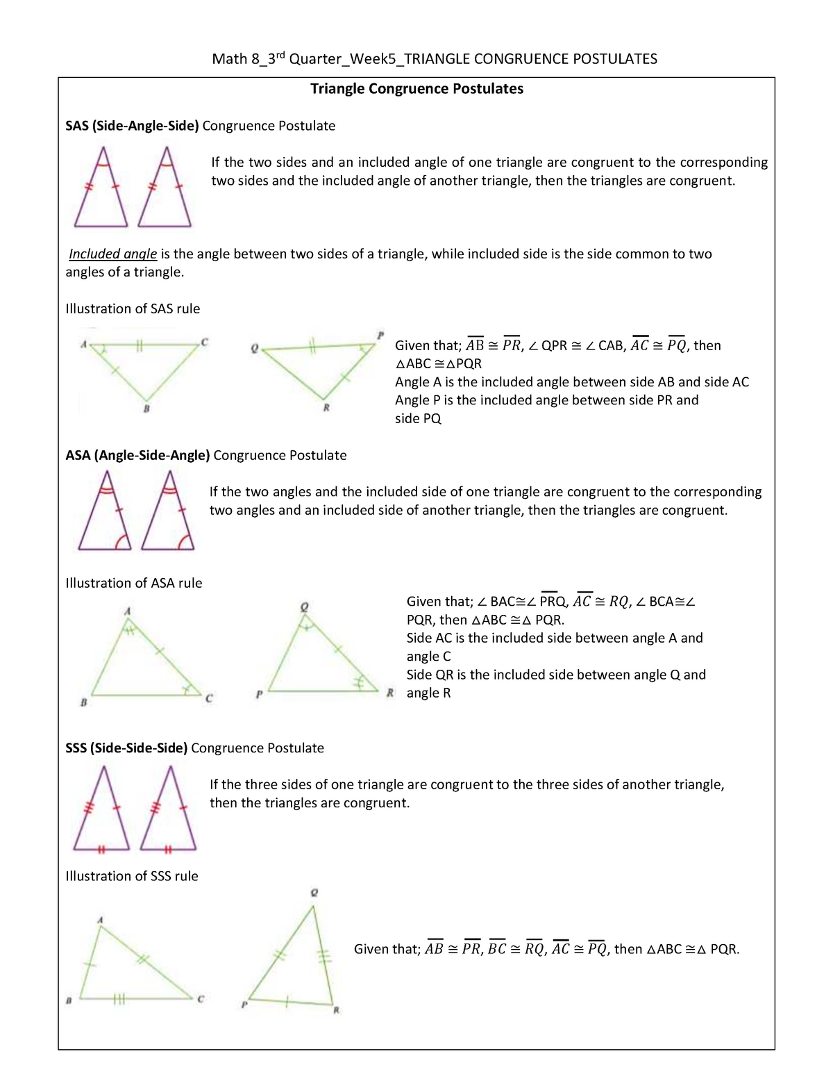 Triangle Congruence Postulates Math 8 3rd Quarter Week5 Triangle Congruence Postulates Triangle Studocu