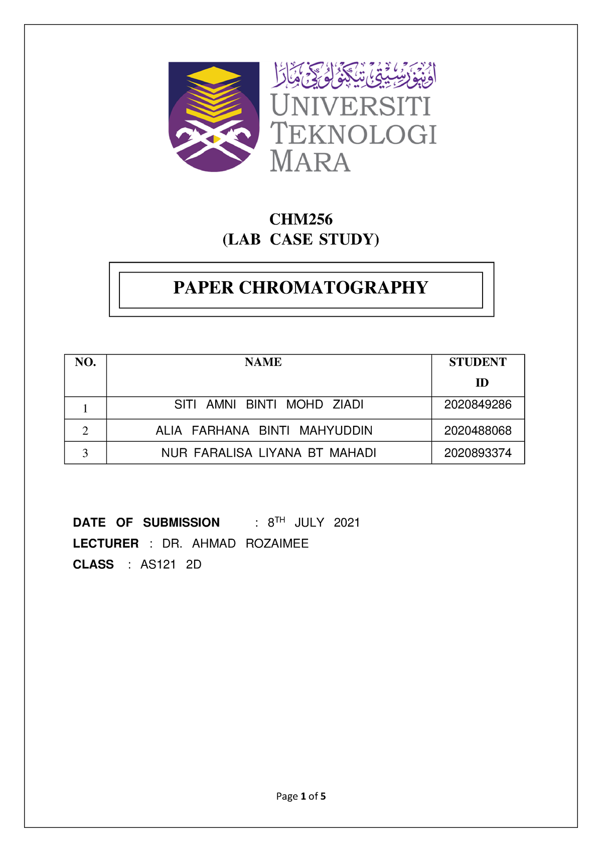 LAB CASE Study CHM256 ( Chromatography) - CHM (LAB ICASEISTUDY) NO ...