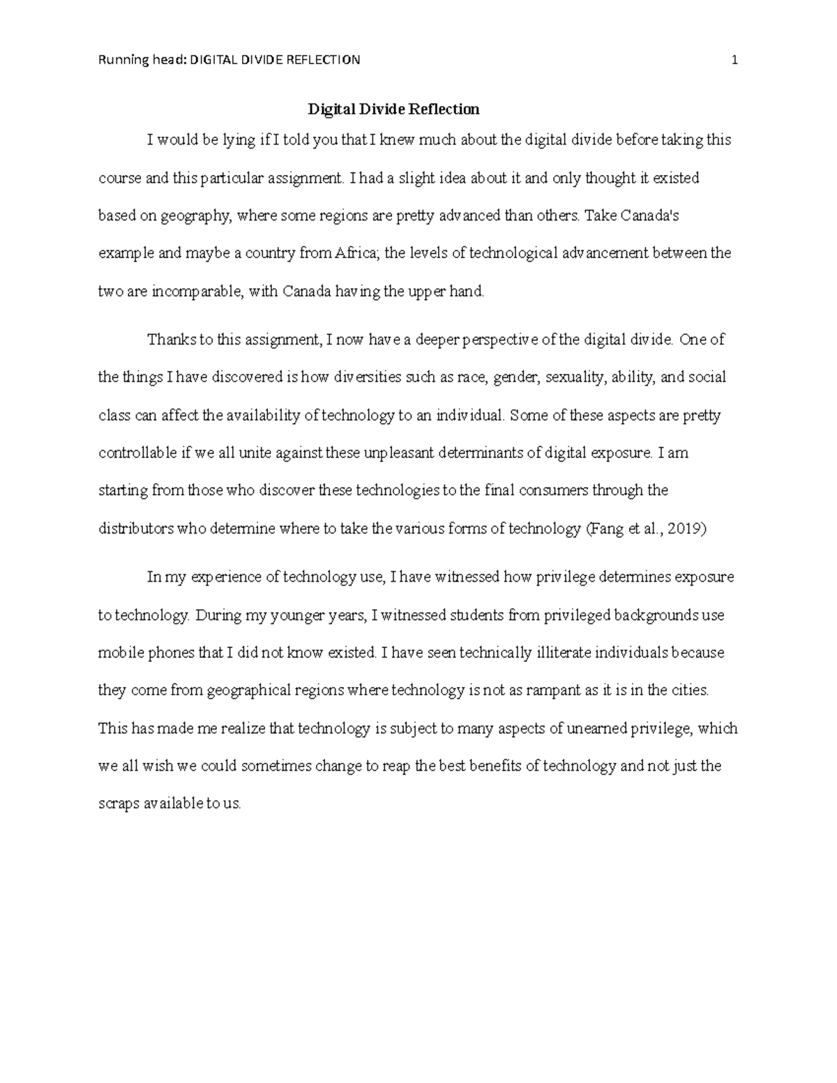 Digital Divide Reflection Running head DIGITAL DIVIDE REFLECTION