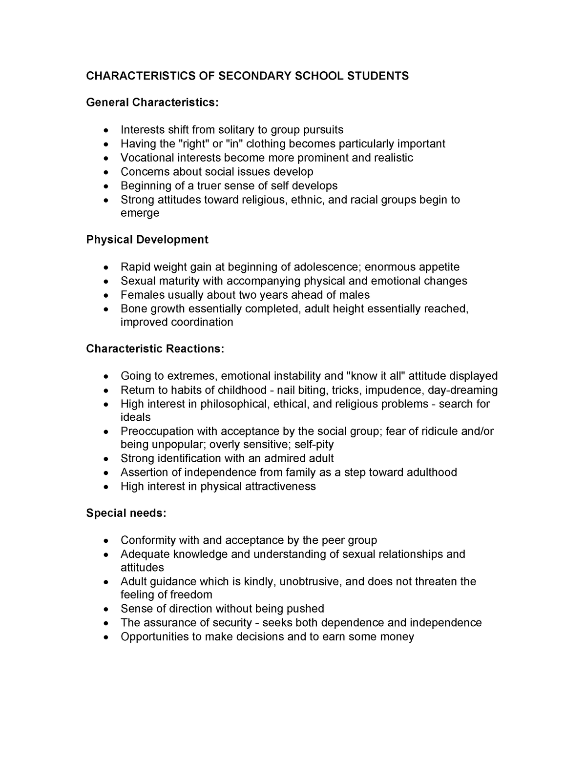 Characteristics OF Secondary School Students - CHARACTERISTICS OF ...