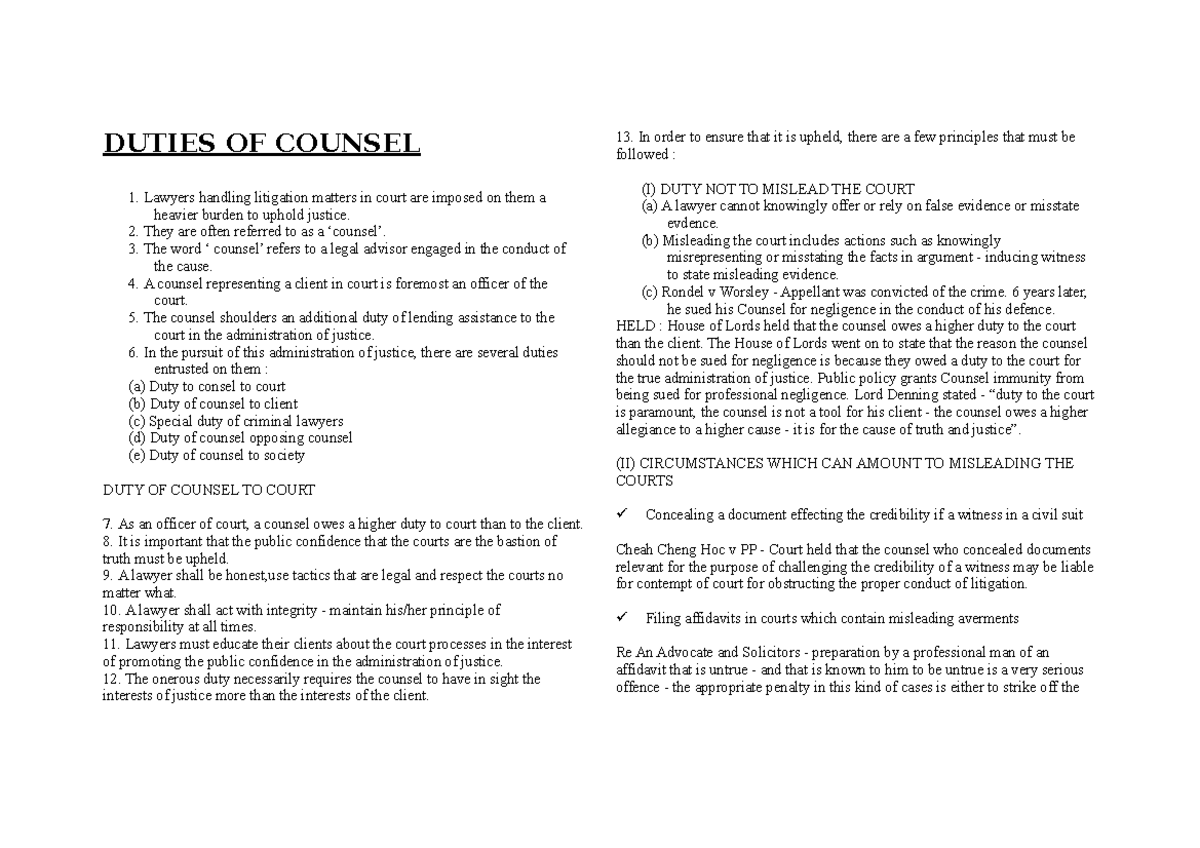 Duties OF Counsel DUTIES OF COUNSEL Lawyers handling litigation