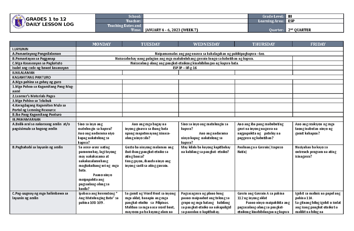 DLL ESP 3 Q2 W7 - for information - GRADES 1 to 12 DAILY LESSON LOG ...
