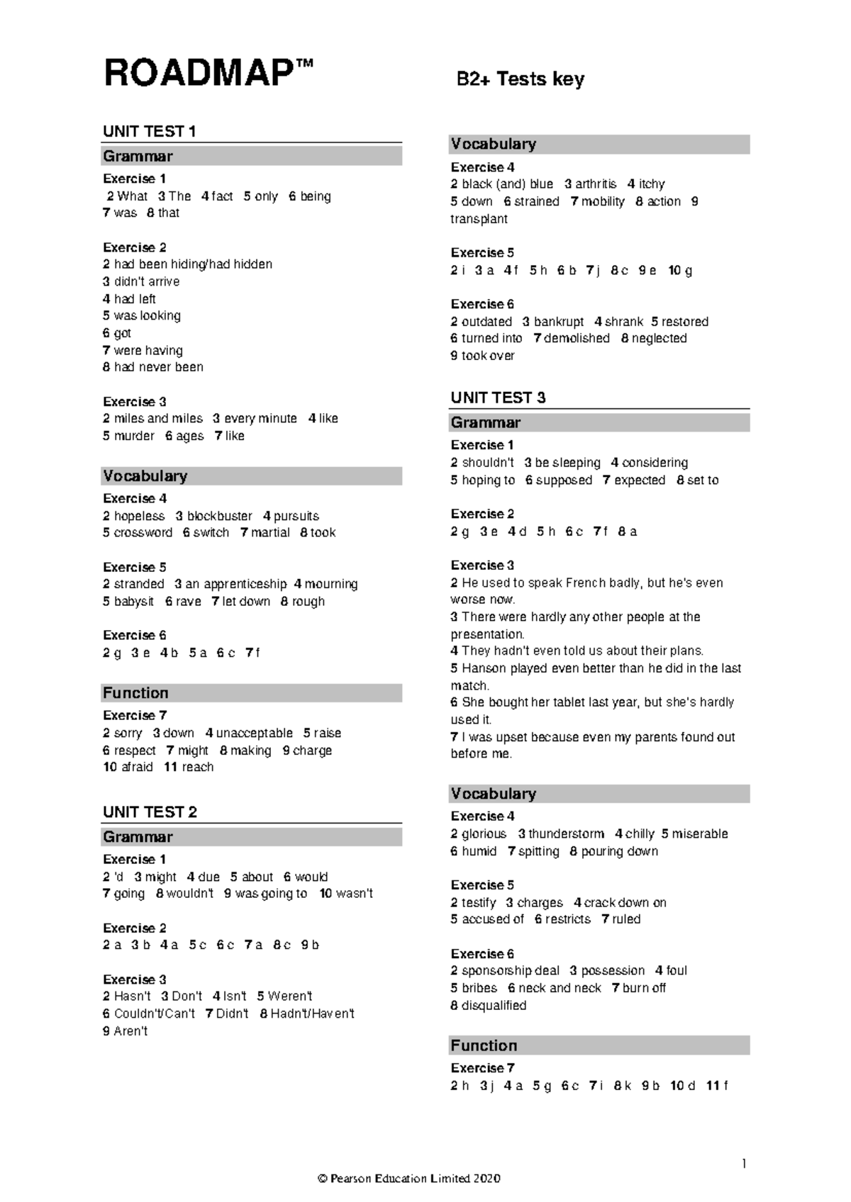 Tests Answer Key Roadmap B2 Tests Key 1 Unit Test 1 Grammar Exercise