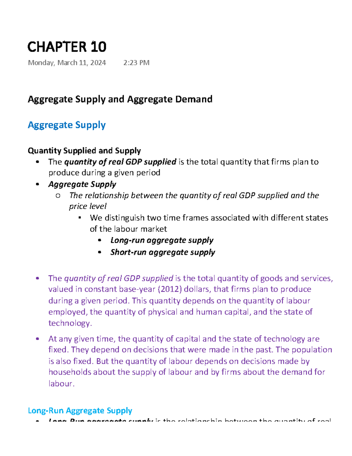 Chapter 10 - Aggregate Supply and Aggregate Demand Aggregate Supply ...
