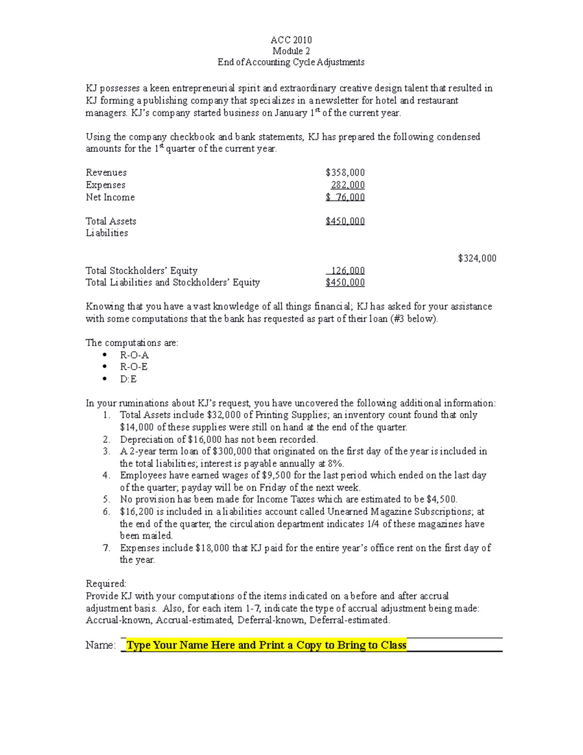 KJ Practice Problem - ACC 2010 Module 2 End of Accounting Cycle ...