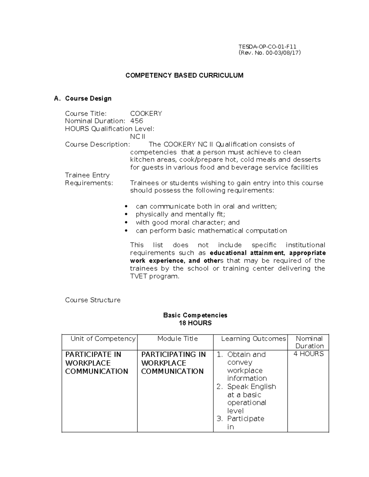 CBC Cookery NC II - TESDA-OP-CO-01-F (Rev. No. 00-03/08/17) COMPETENCY ...