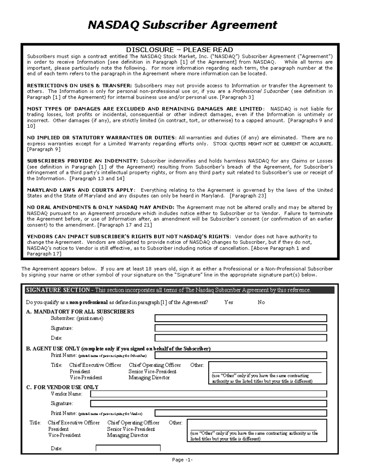 Nasdaq Professional Agreement - DISCLOSURE ñ PLEASE READ Subscribers ...