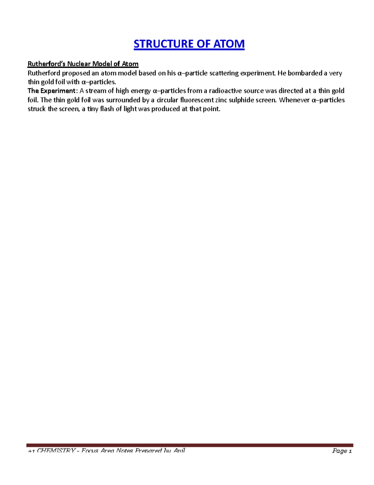 Structure OF ATOM - +1 CHEMISTRY - Focus Area Notes Prepared by Anil ...