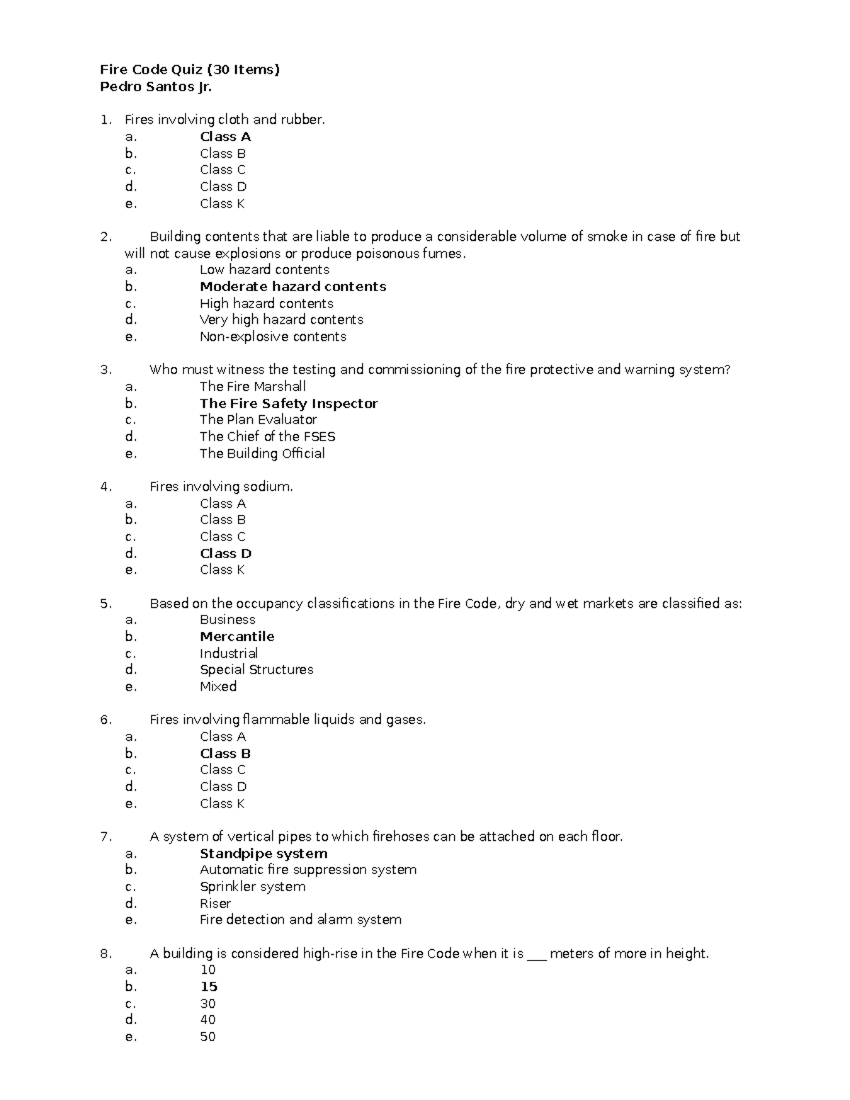 answer keys of exam - Fire Code Quiz (30 Items) Pedro Santos Jr. Fires ...