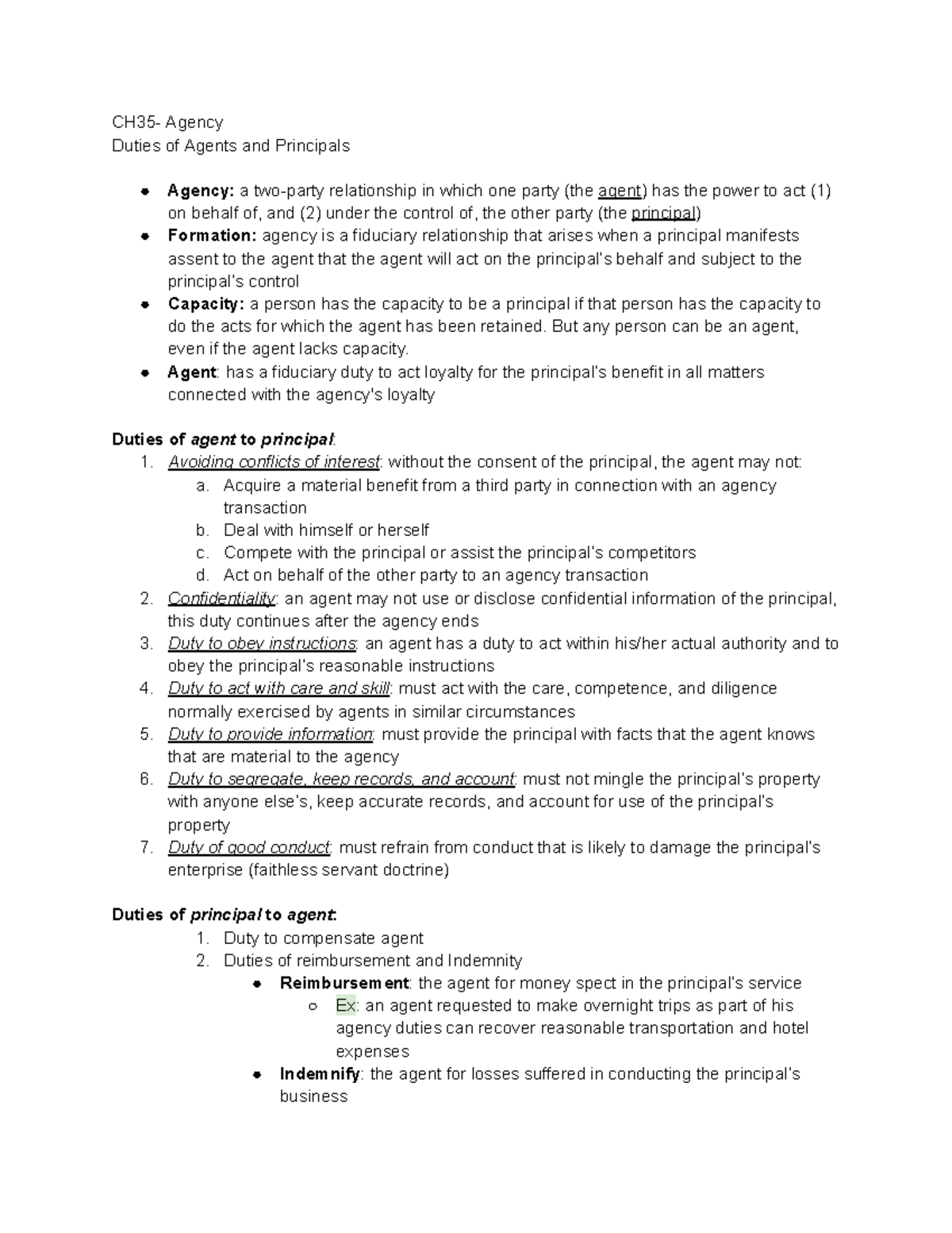 Blaw midterm 1 rule definitions - Google Docs - CH35- Agency Duties of ...