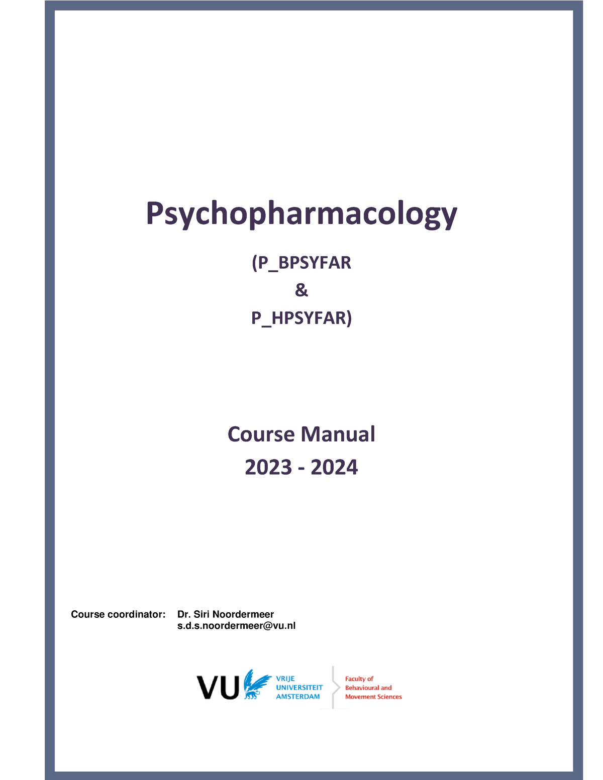 Course Manual Psychopharmacology 20232024 Psychopharmacology (P