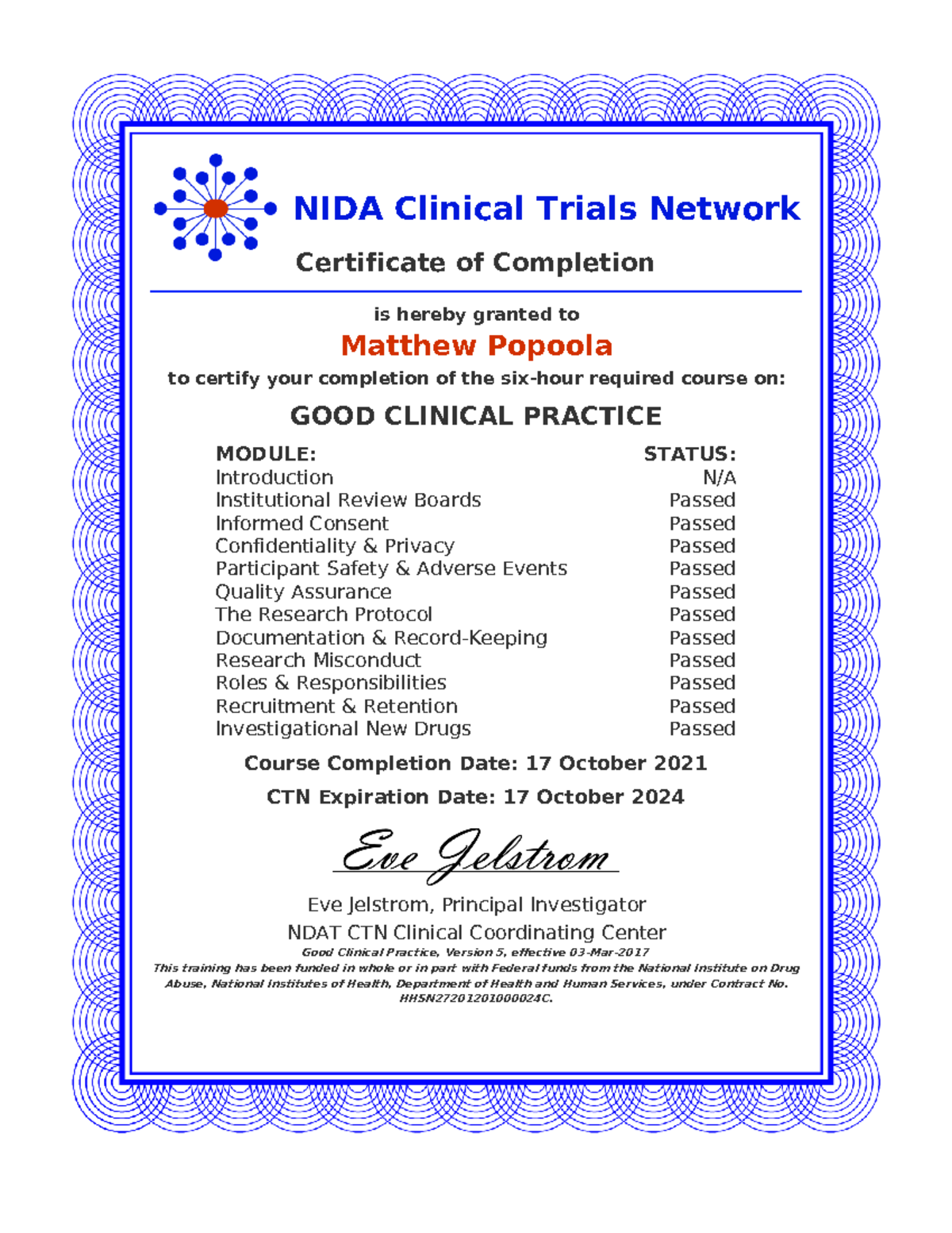 Networking certificate. GCP good Clinical Practice.