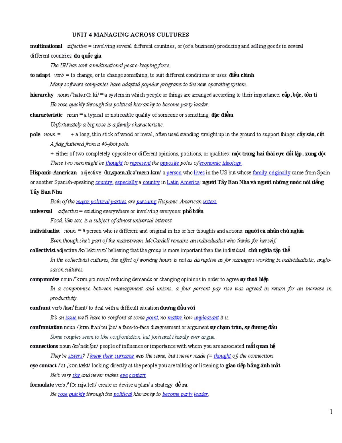 EFBS Glossary UNIT 04 Management Across Cultures - UNIT 4 MANAGING ...
