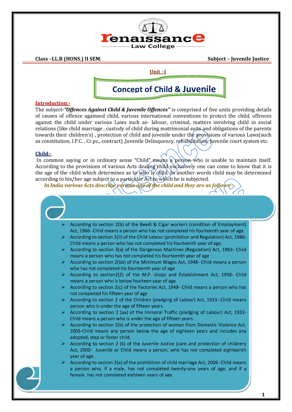 Juvenile Justice Juvenile Justice Notes Unit I Introduction The Subject “offences 8981