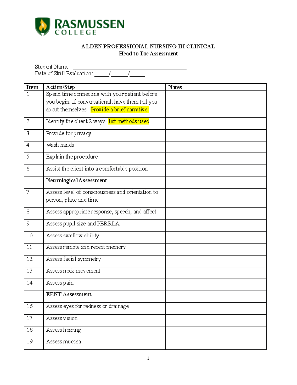 Head to Toe Assessment Form PN3 ALDEN PROFESSIONAL NURSING III