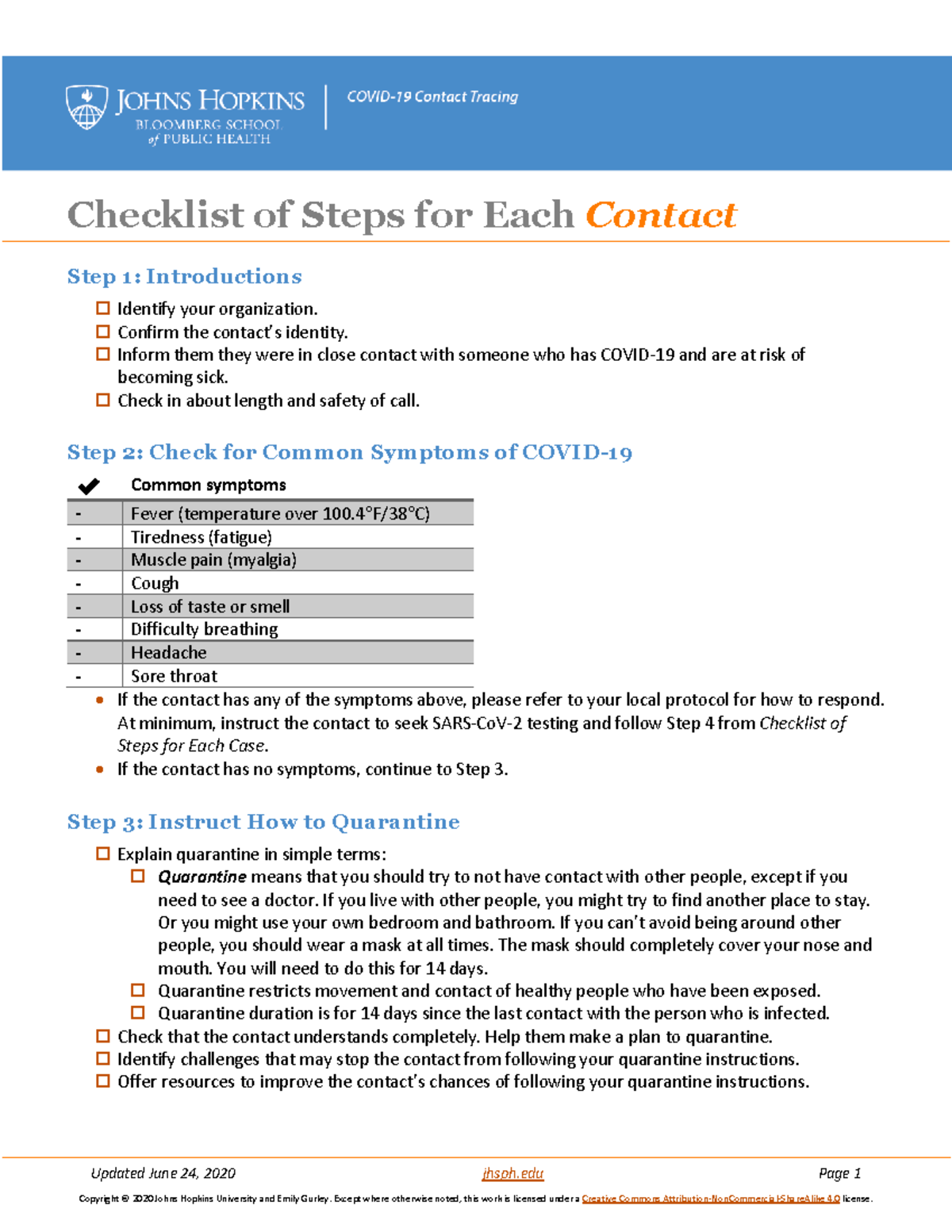 Contact Checklist - Updated June 24, 2020 jhsph Page 1 Copyright © 2020 ...