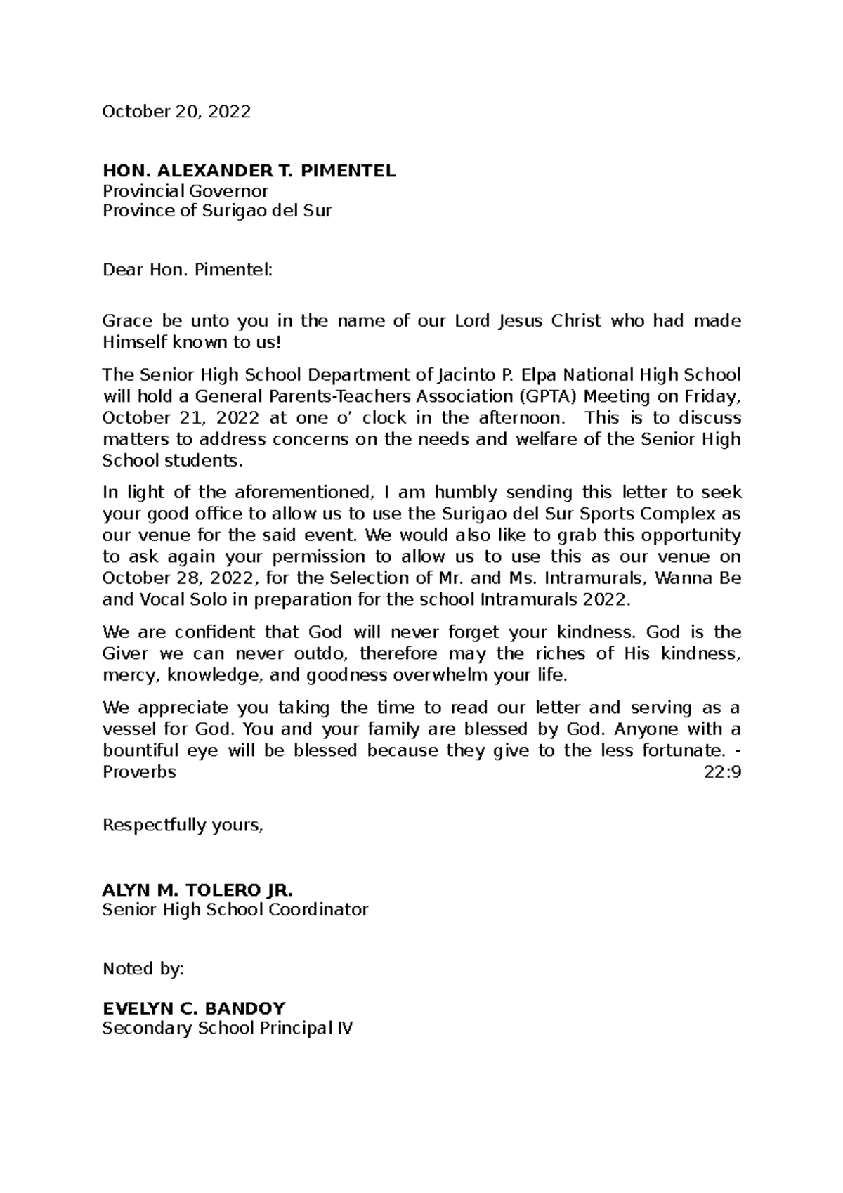 Letter request to use the Grand Stand - October 20, 2022 HON. ALEXANDER ...