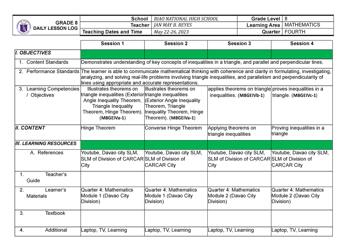 G8DLL Q4W4 LC04 - Daily Lesson Log - GRADE 8 DAILY LESSON LOG School ...