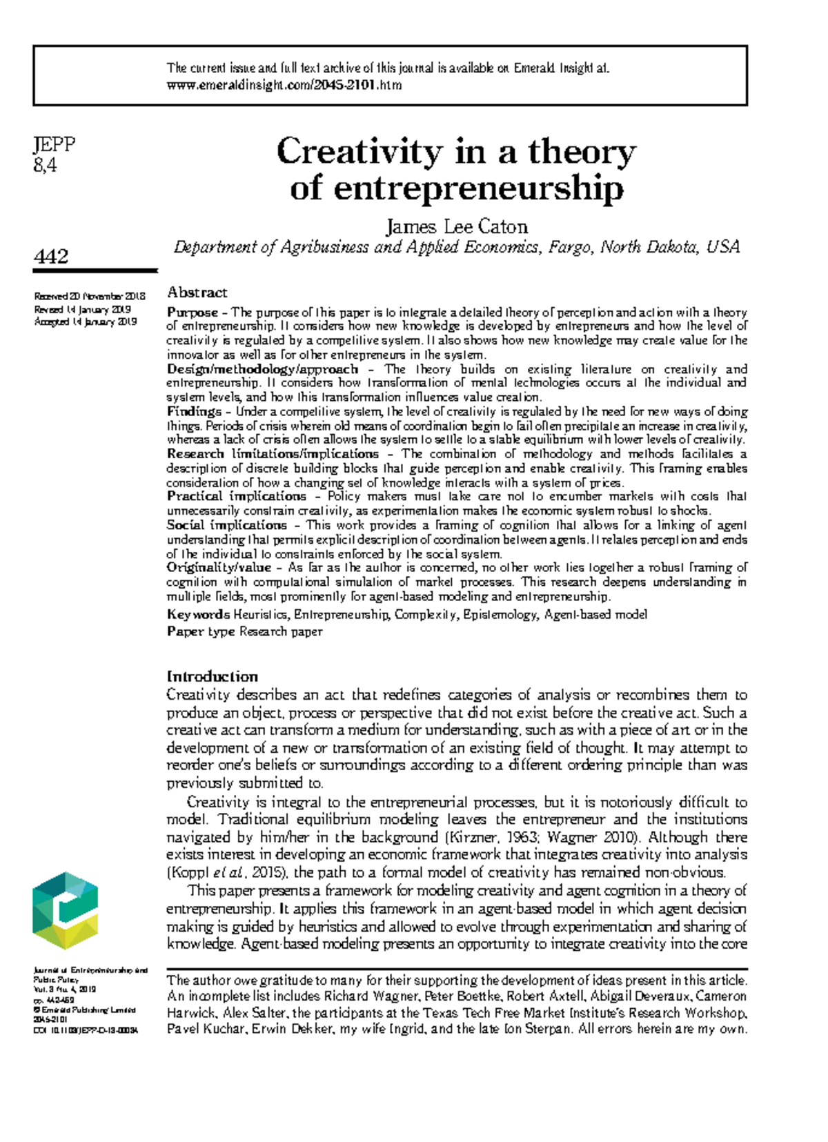 Creativity in a theory of entrepreneurship - Creativity in a theory of ...