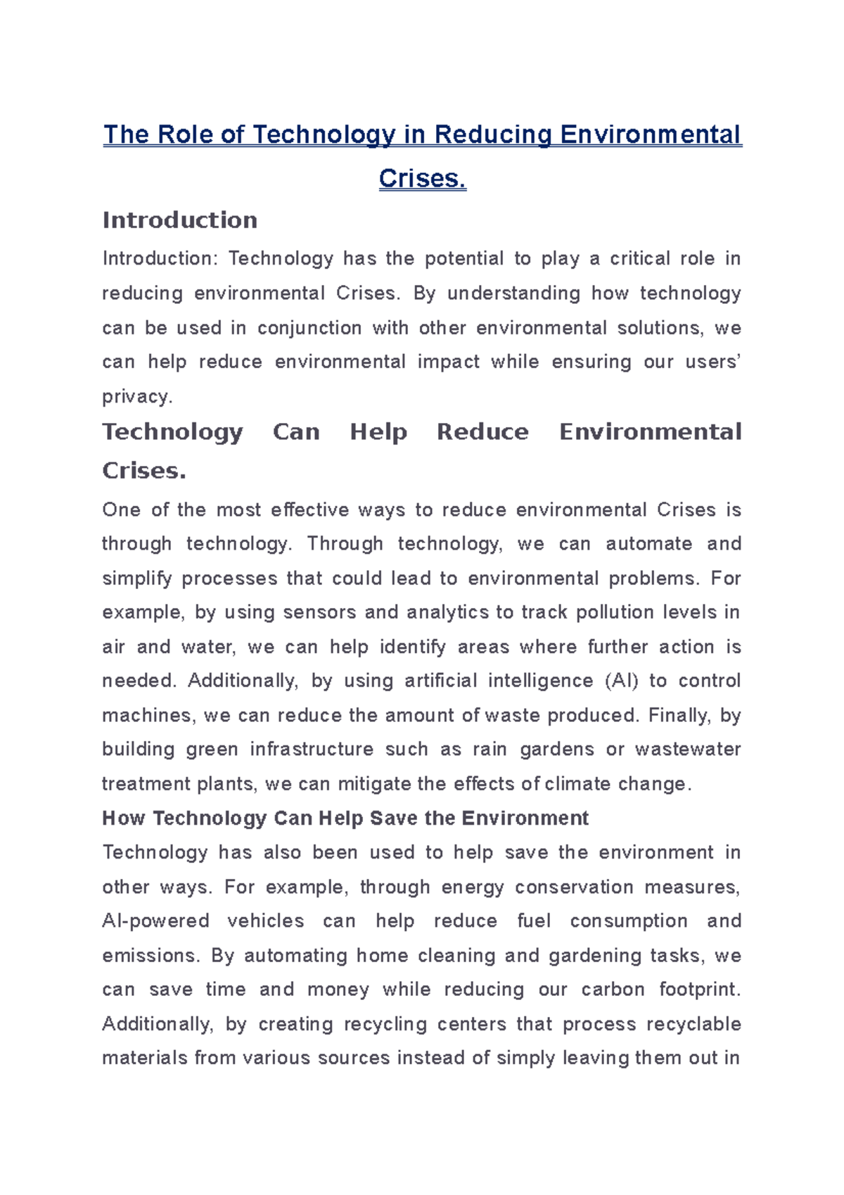The Role of Technology in Reducing Environmental Crises - Introduction ...