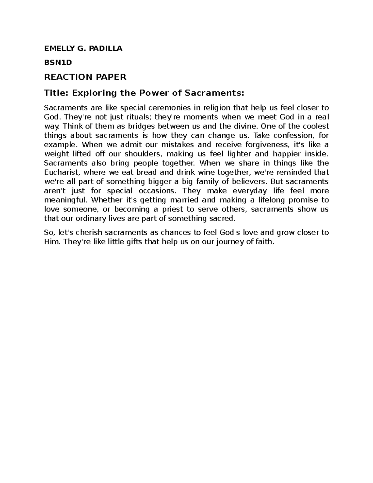 Liturgy Reaction Paper - EMELLY G. PADILLA BSN1D REACTION PAPER Title ...