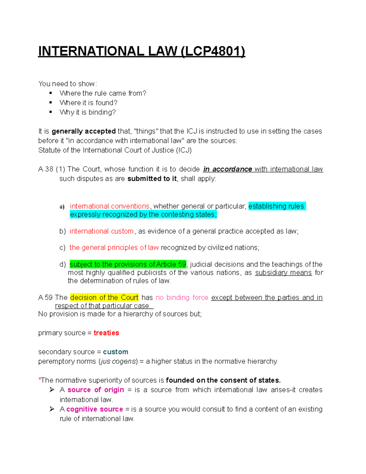 LCP4801 Notes What is international law, treaties and conventions