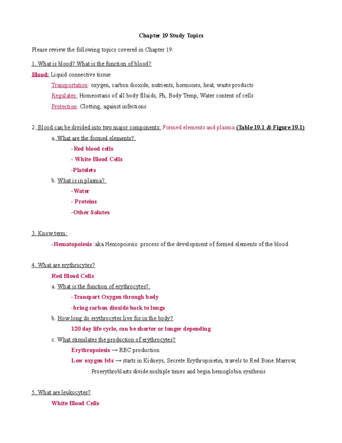 PHYL 142- Ch. 19 Blood Study Guide and Notes - Chapter 19 Study Topics ...