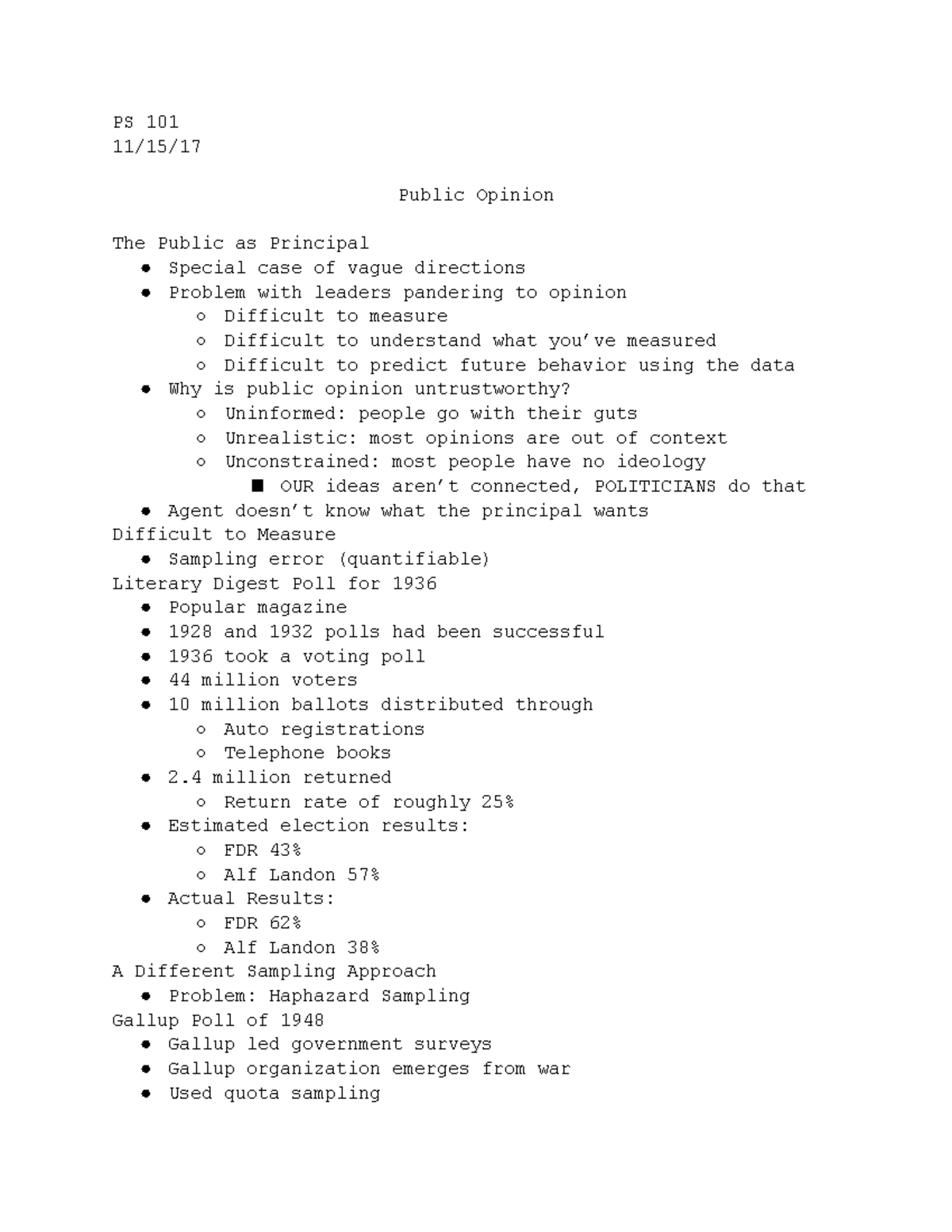 PS 101 11 15 17 - class notes - PS 101 Public Opinion The Public as ...