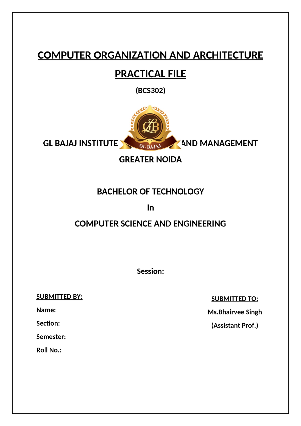 DS Cover - COMPUTER ORGANIZATION AND ARCHITECTURE PRACTICAL FILE ...