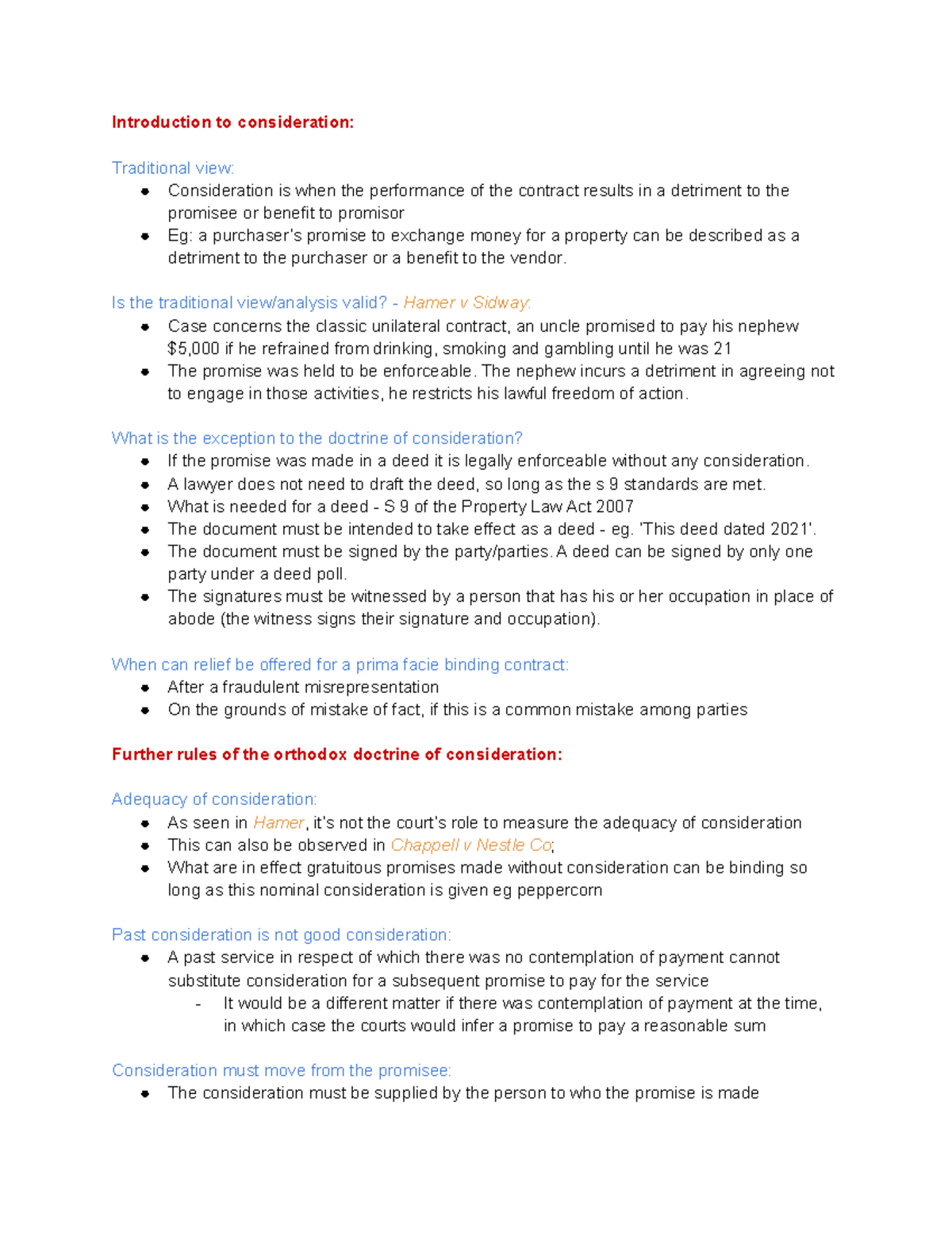 Contract law final test cheat sheet - consideration pre-existing duty ...