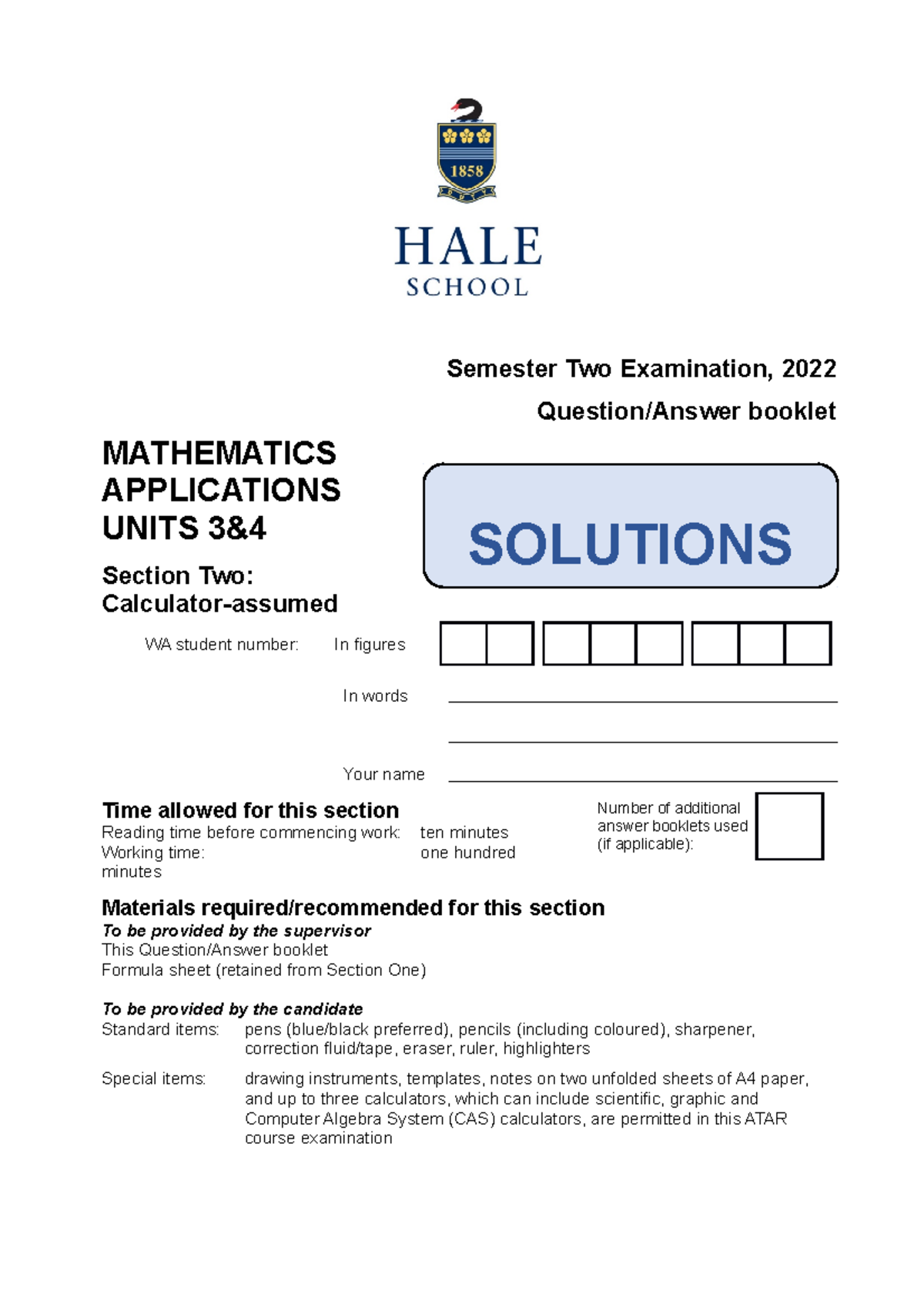 2022 YR12 APPS U34 S2 SOLN - Semester Two Examination, 2022 Question ...