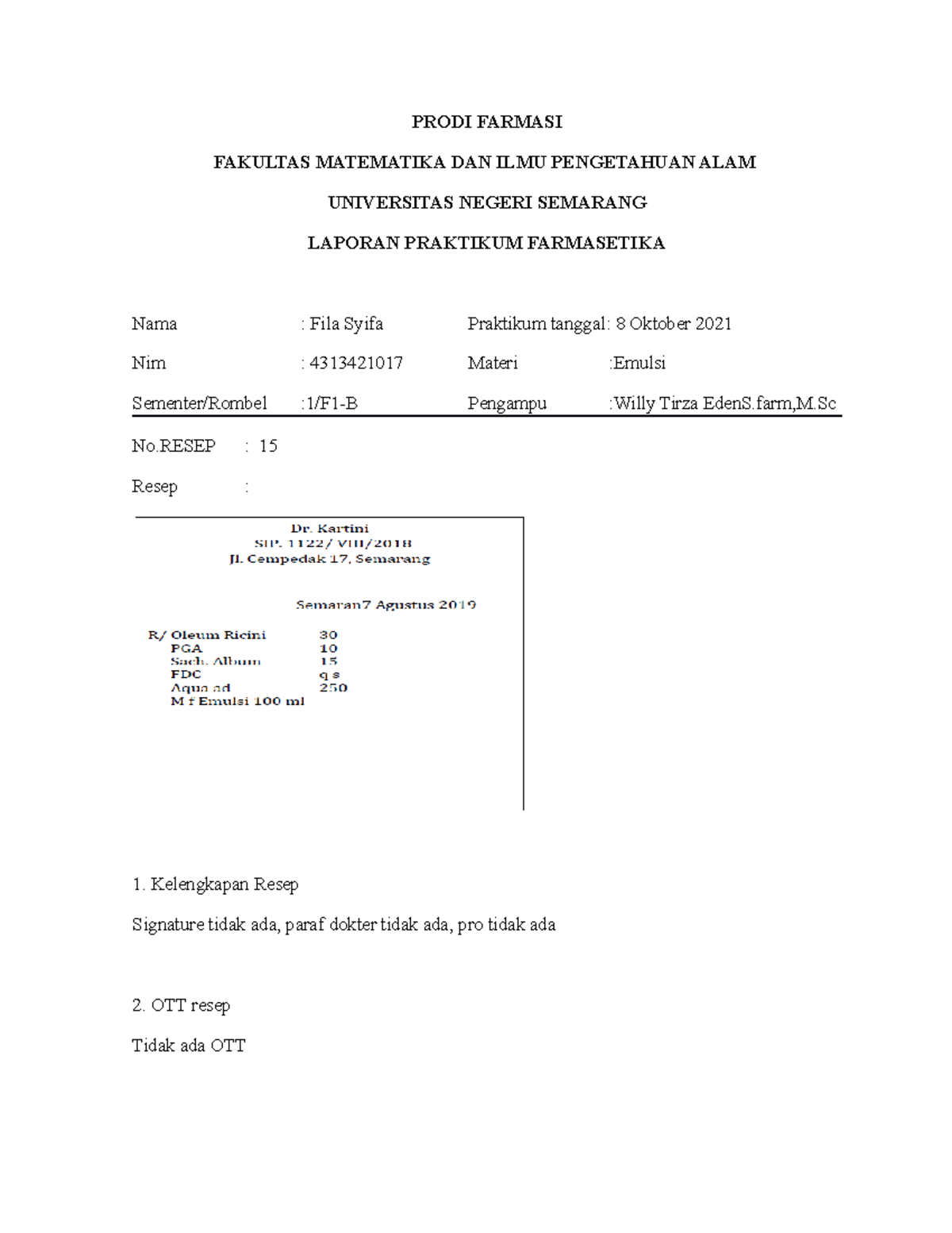 Resep emulsi 1 - PRODI FARMASI FAKULTAS MATEMATIKA DAN ILMU PENGETAHUAN