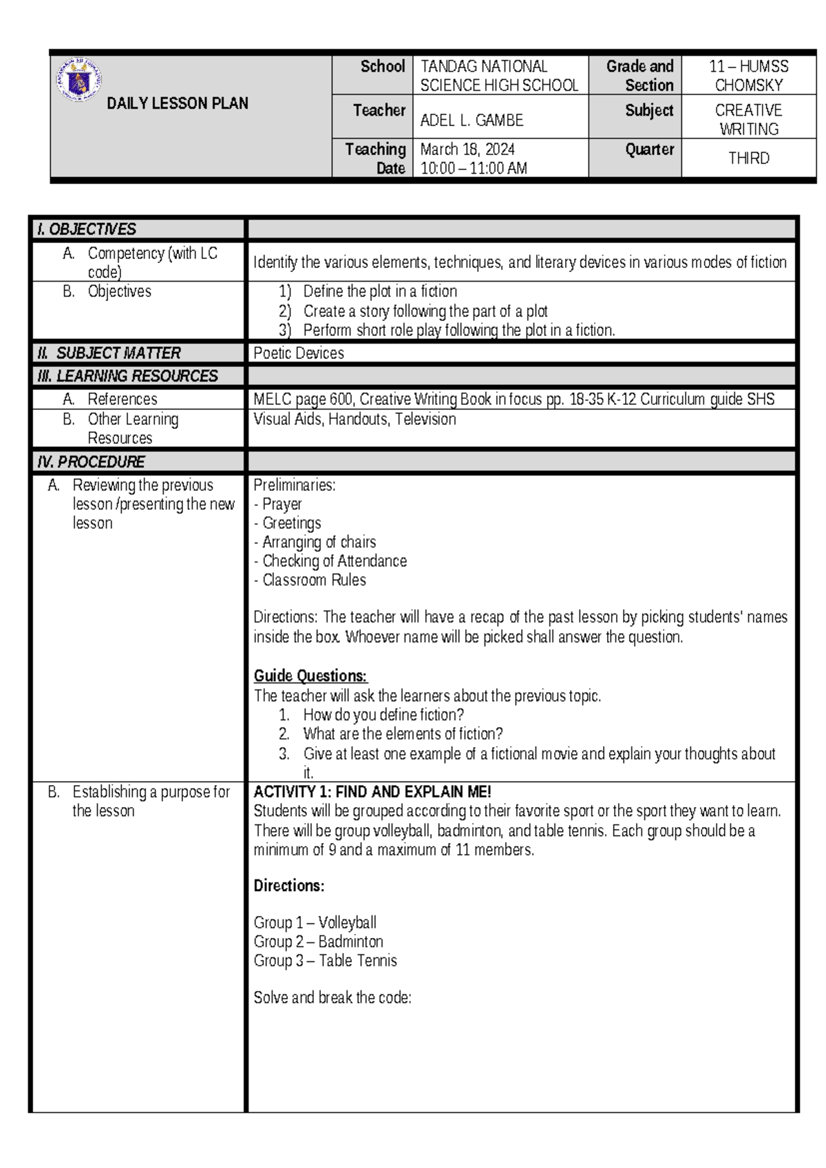 DLP for CO2 - n/a - DAILY LESSON PLAN School TANDAG NATIONAL SCIENCE ...