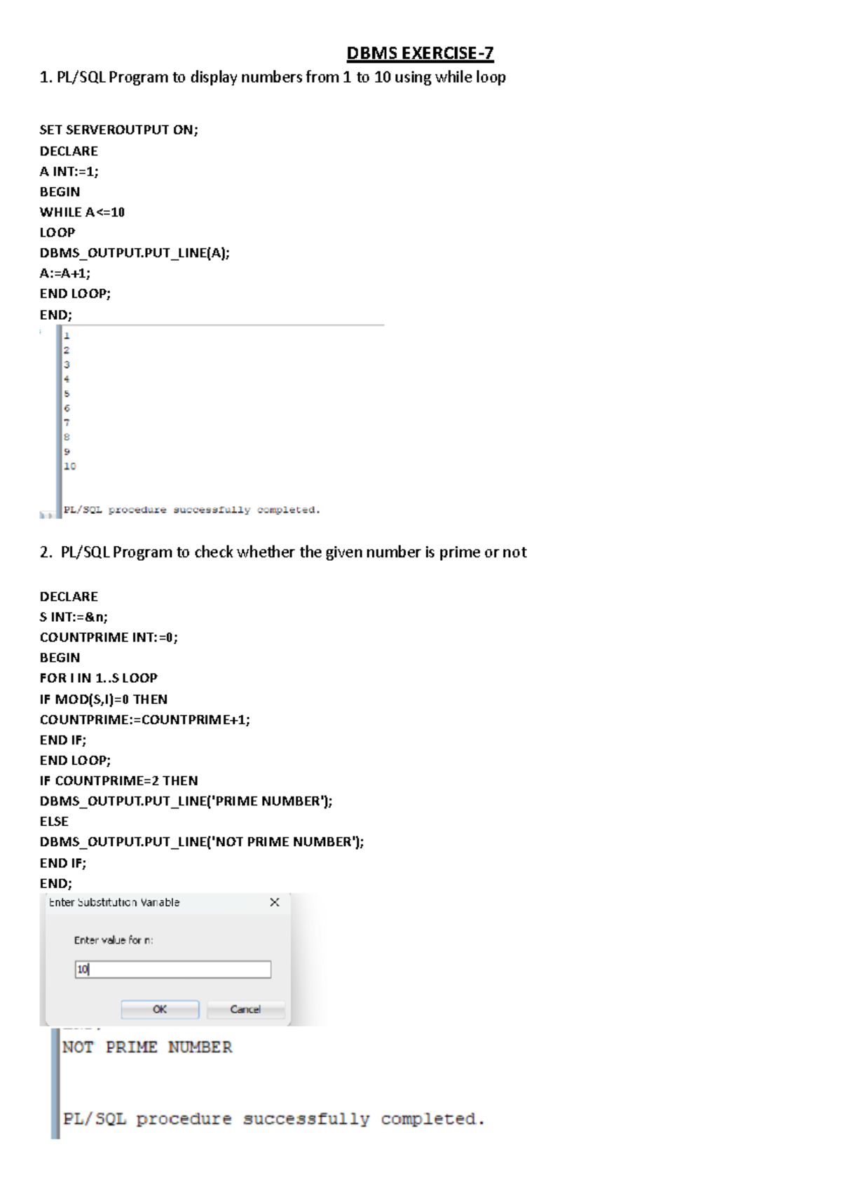 DBMS EXERCISE BASED ON PL/SQL - DBMS EXERCISE- 7 1. PL/SQL Program to ...