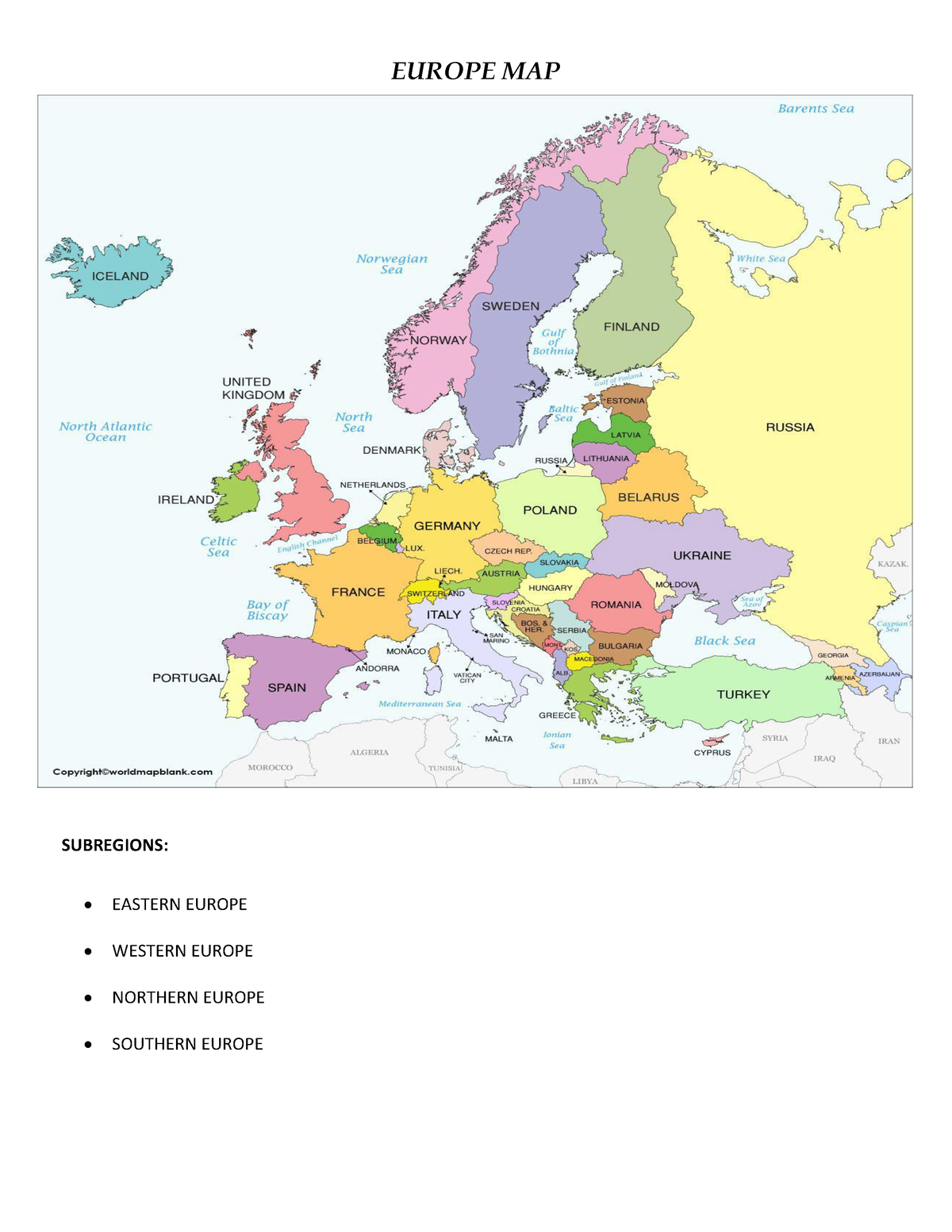 Europe Map Lecture Notes Europe Map Subregions • Eastern Europe