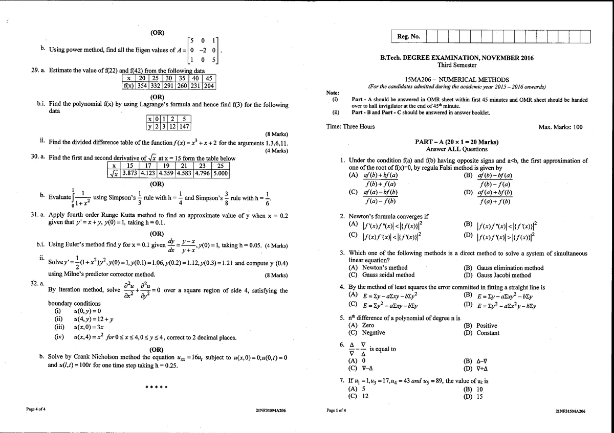 15MA206 3 SEM - Old University Question paper for Numerical Methods for ...