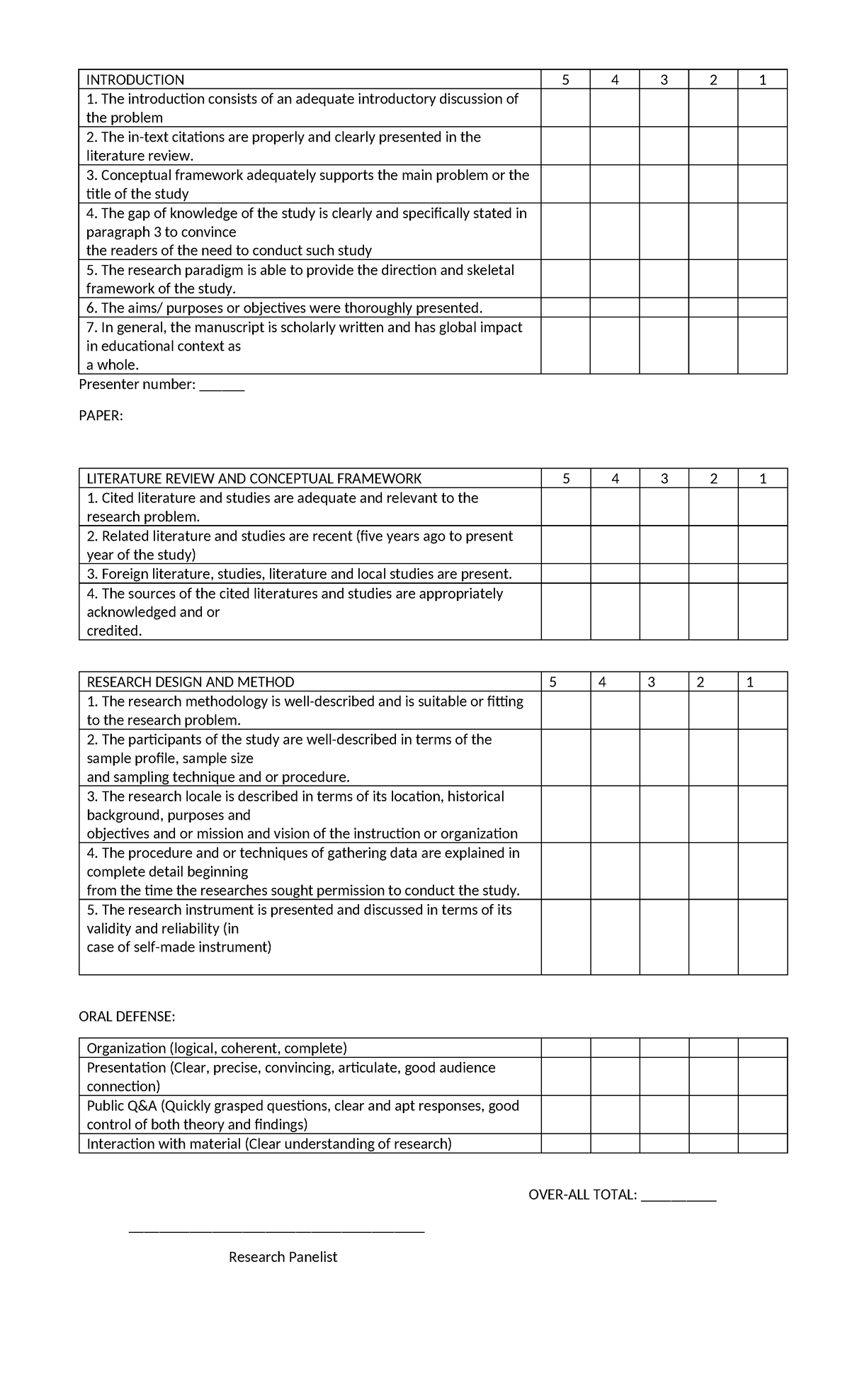 Research-rubrics - RESEARCH - INTRODUCTION 5 4 3 2 1 The introduction ...