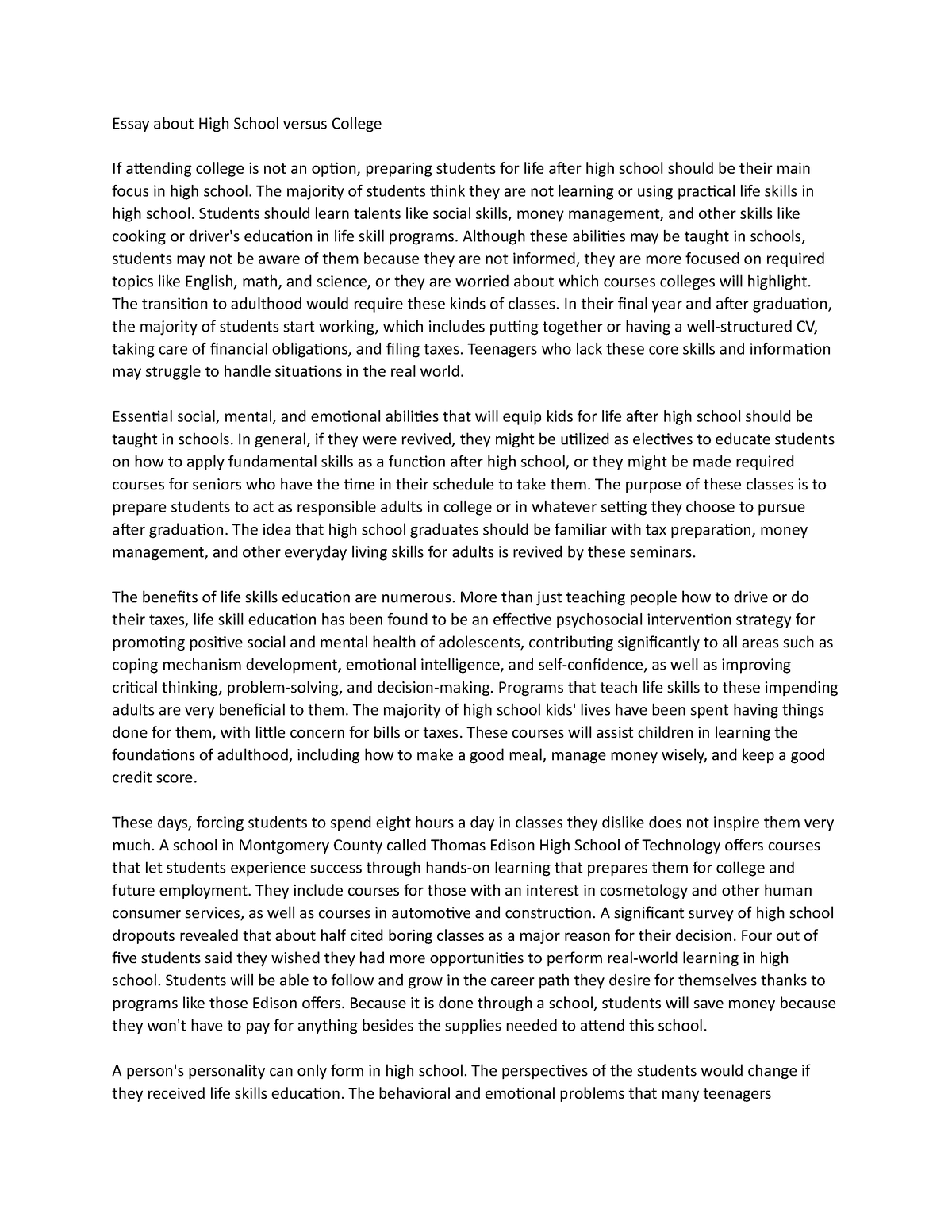 contrast essay about high school and college