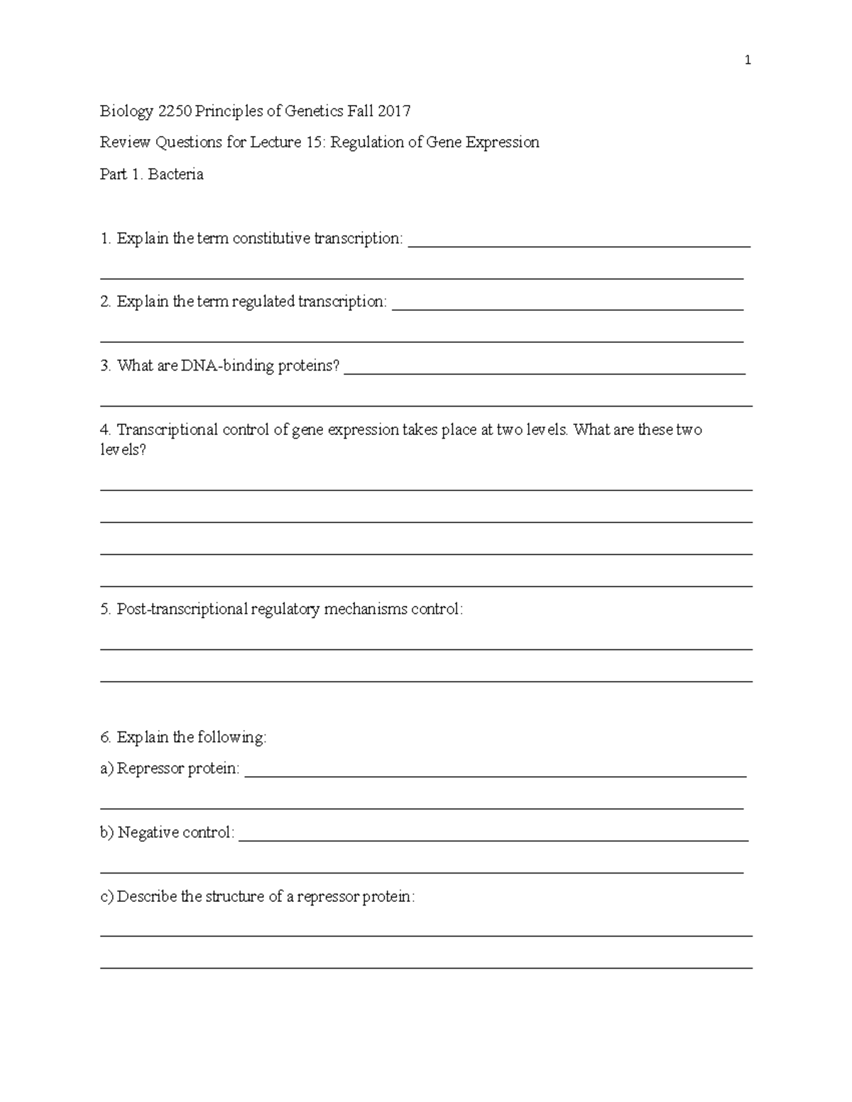 Biology 2250 Lecture 15 Review Questions - 1 Biology 2250 Principles of ...