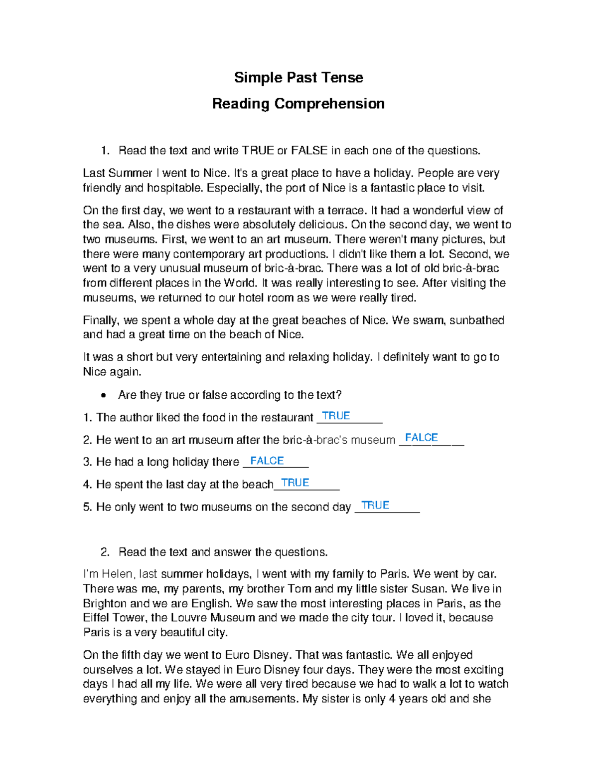 3. Workshop 6 - historia - Simple Past Tense Reading Comprehension Read ...