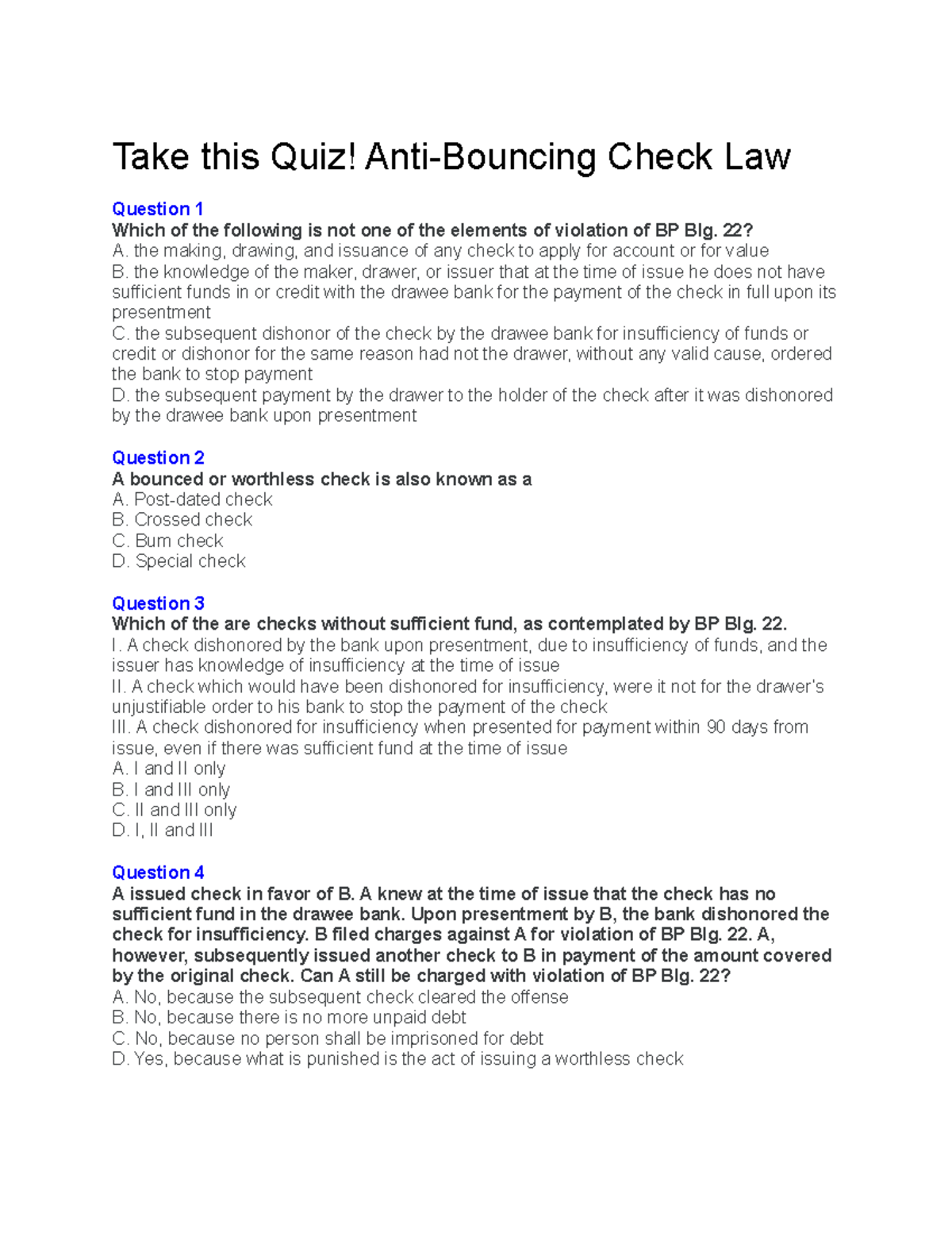 Preparatory Assessment Bouncing Check Take this Quiz! AntiBouncing