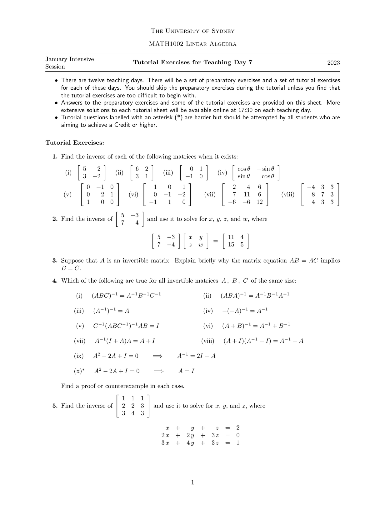 Tutorial Worksheet 7 - The University of Sydney MATH1002 Linear Algebra ...