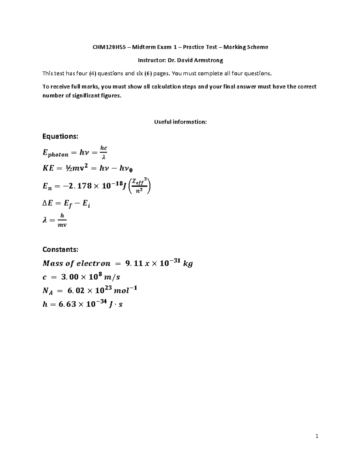 CHM120 H5S Midterm Exam 1 Practice Exam Answer Key CHM120H5S 