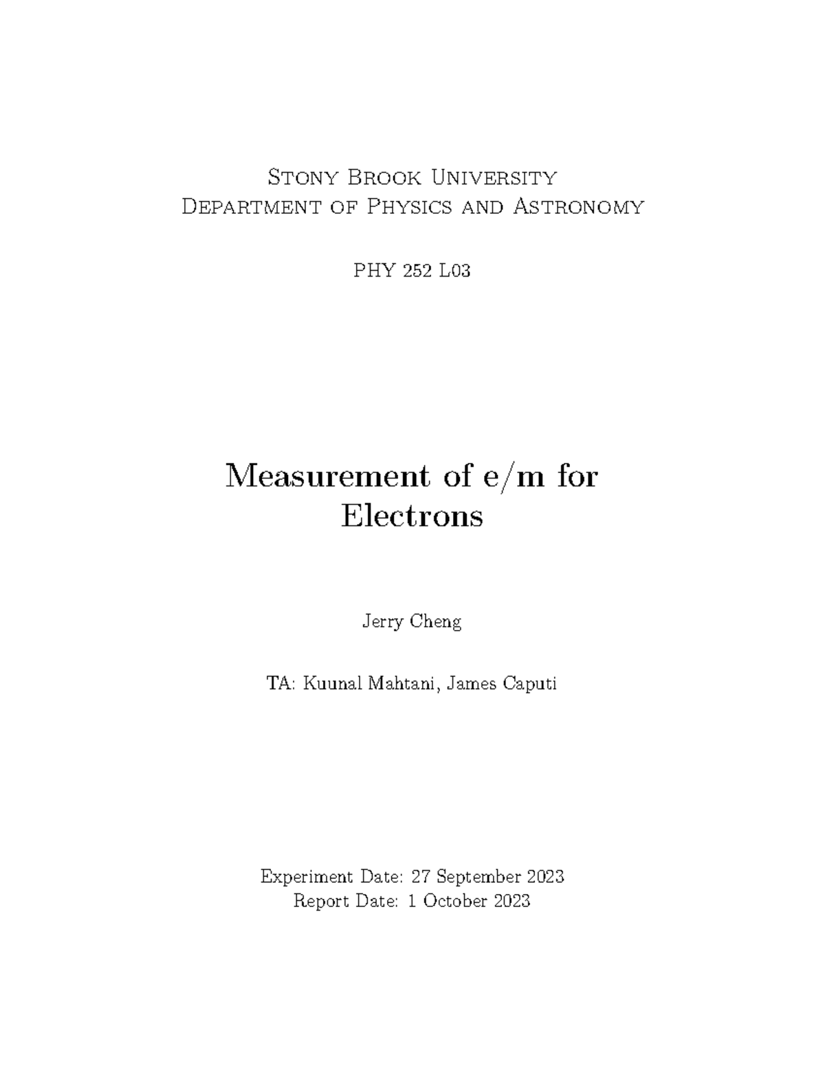 Lab Report 3 Measurement of e/m for Electrons Stony Brook