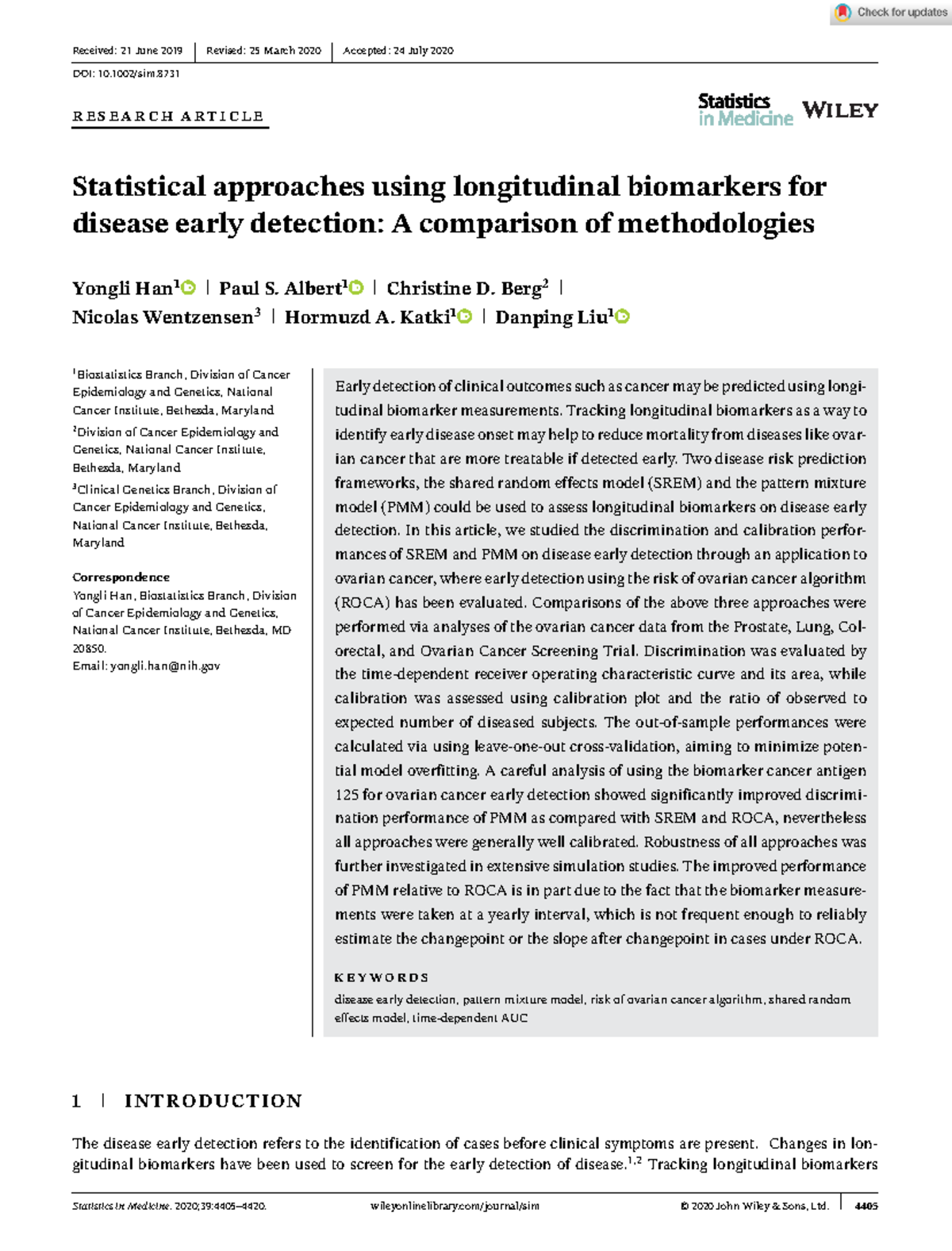 Statistics in medicine 2020 han statistical approaches using