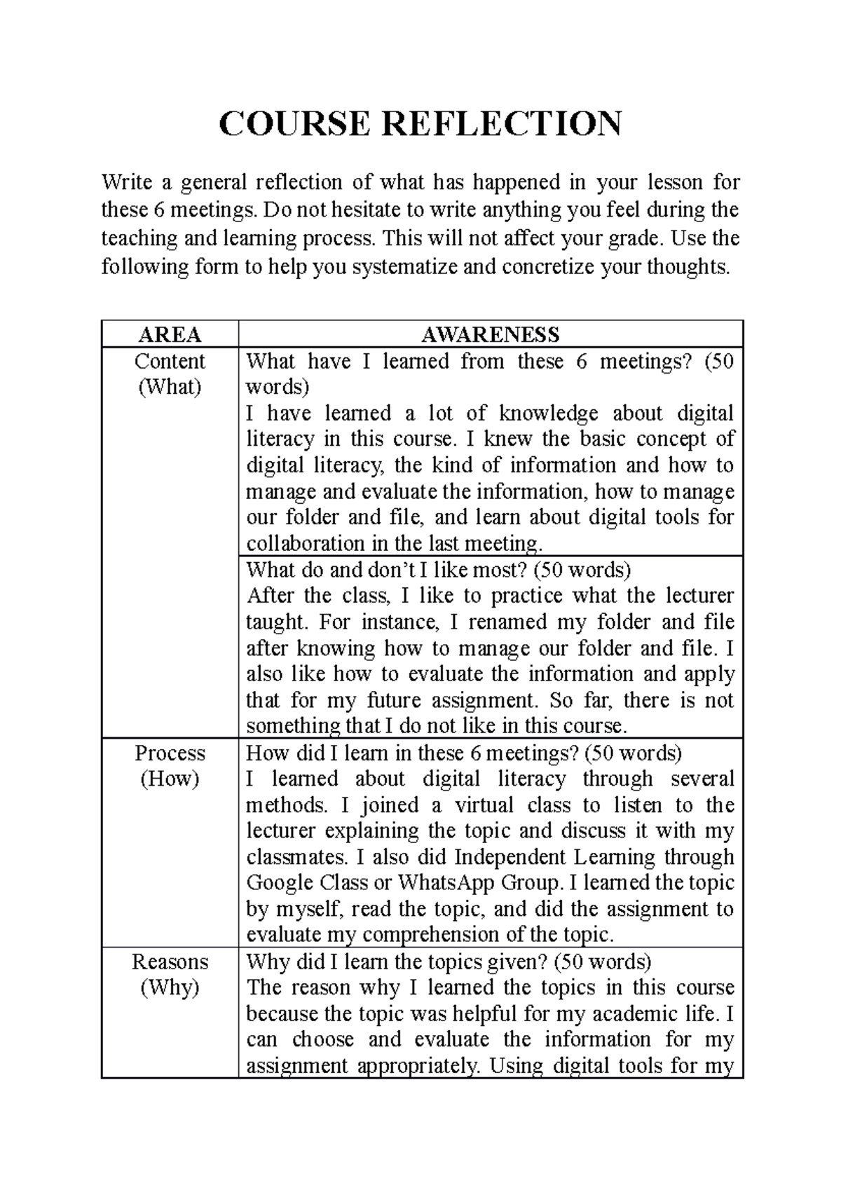 Other Course Reflection - COURSE REFLECTION Write a general reflection ...