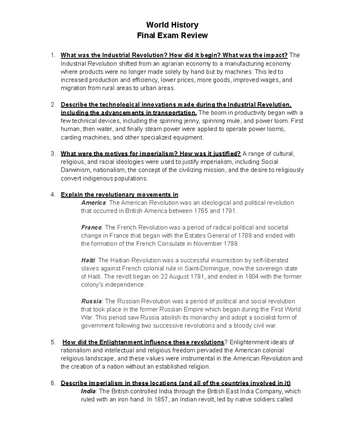 WH Final Exam Review World History Notes World History Final Exam